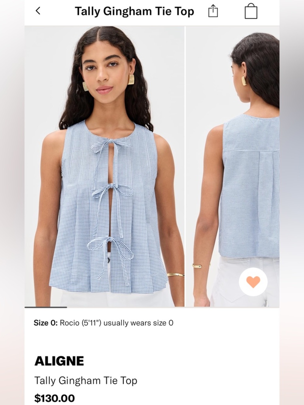 NWT ALIGNE Tally Gingham Tie Top Size US 14